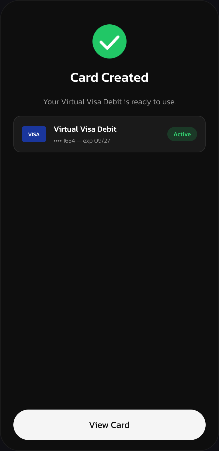 Virtual card created confirmation with card summary
